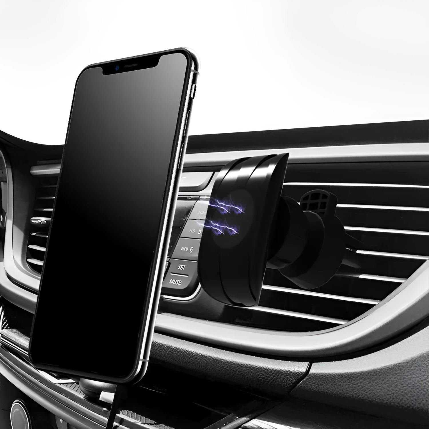 Matte black car phone holder clipped onto a car air vent