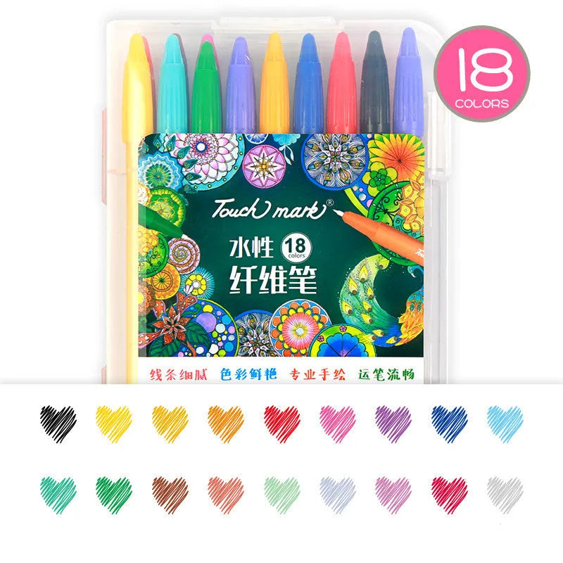 Touch Mark water-based fibre pen set with quick-dry ink in PVC barrel, shown in a selection of colour set options.