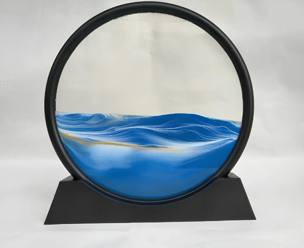 Glass quicksand painting with dynamic sand patterns in New Chinese abstract style, polished surface