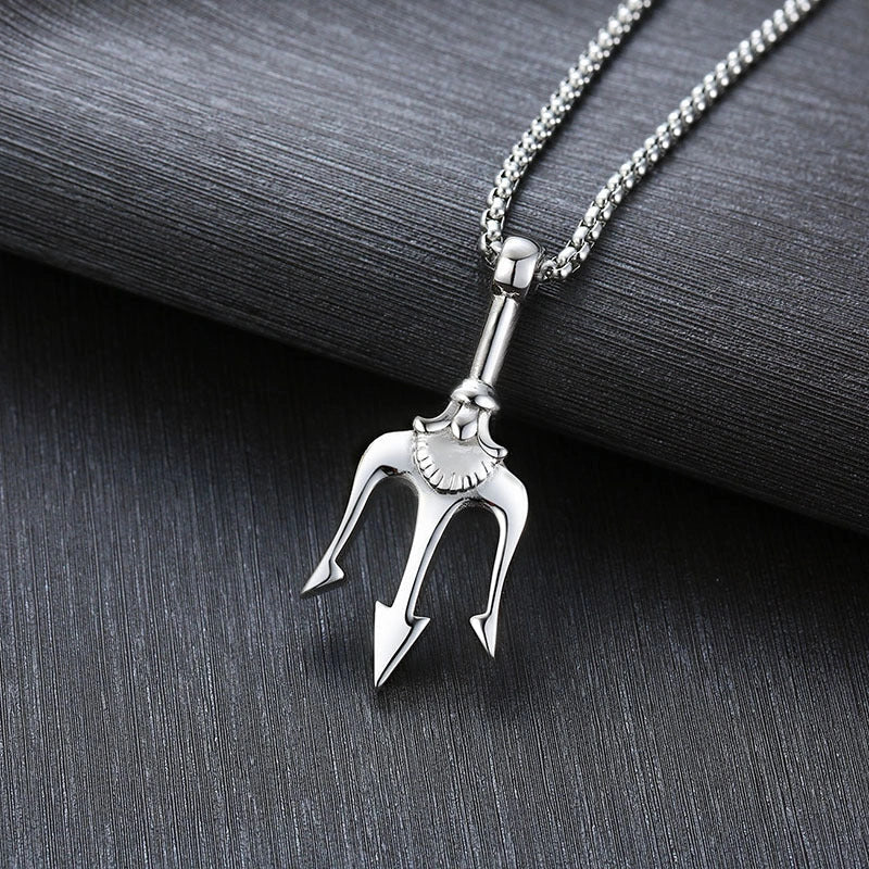 Neptune's Trident Titanium Steel Pendant Necklace in classic silver, night black, and local gold