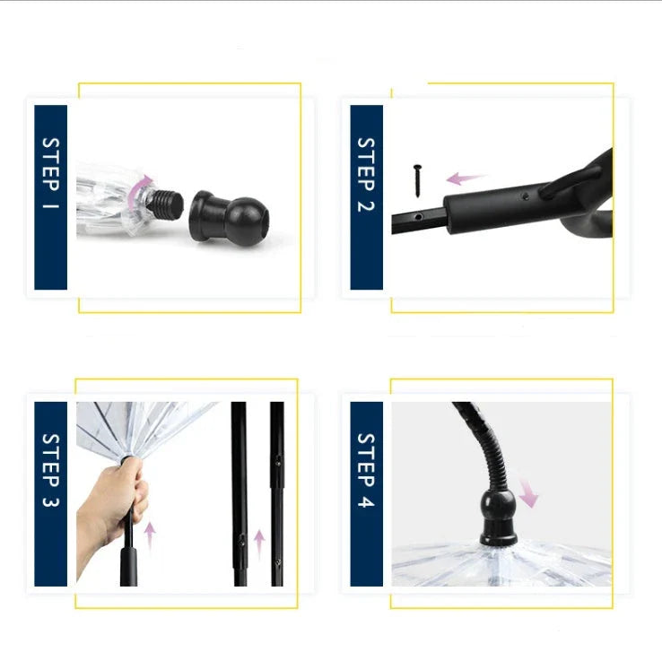 Adjustable transparent pet umbrella with comfortable C-shaped handle and durable PVC and glass fibre construction