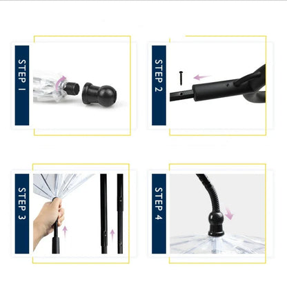 Adjustable transparent pet umbrella with comfortable C-shaped handle and durable PVC and glass fibre construction