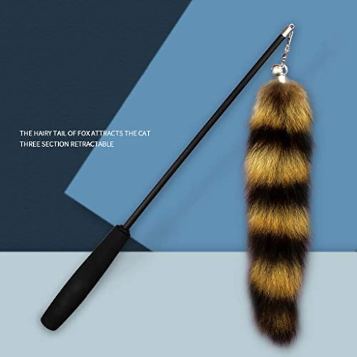 Black cat toy wand with a long elastic string and a feather teaser catcher for interactive play.