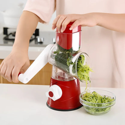 Hand drum rotary grater with stainless steel blades for vegetable preparation