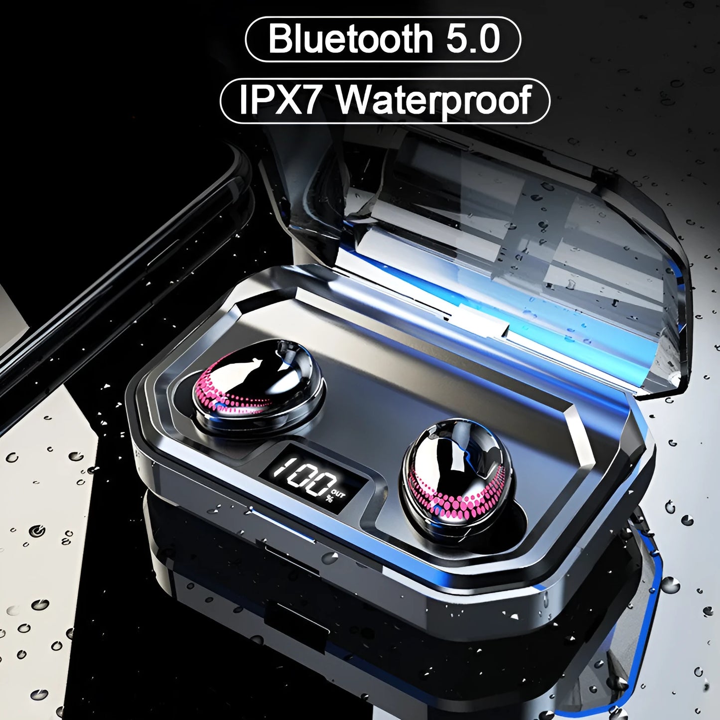 X10 Bluetooth Headset in black with charging bin, showing lightweight design and extended battery features