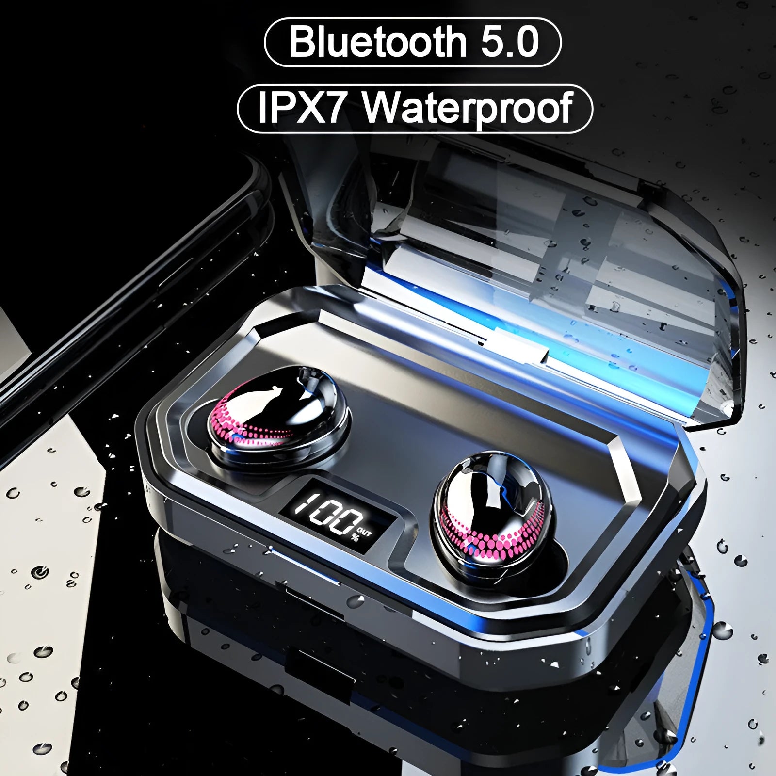 Black X10 Bluetooth wireless headset with charging case showing compact 150x100x40mm dimensions