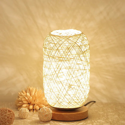 Twine Sepak Takraw desk lamp with hemp rope shade and solid wood base