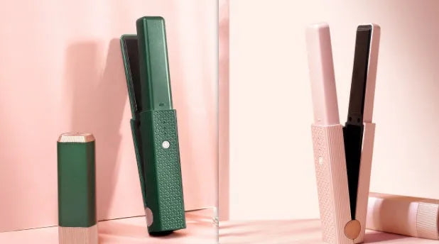 Pink and green portable USB hair straightener and curling iron 3-in-1 tool with compact design.