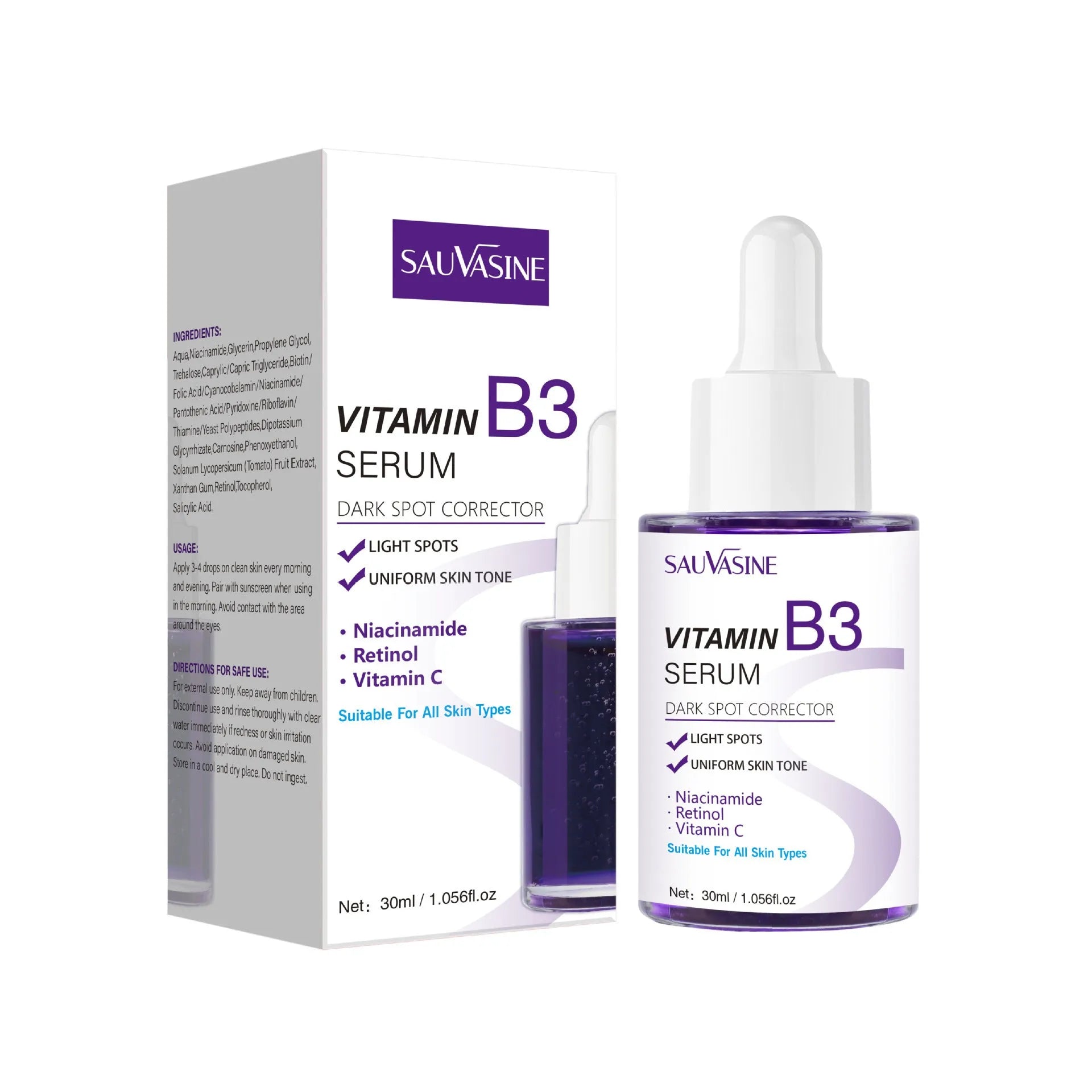 Clear glass bottle containing 30ml of vitamin B3 facial essence serum for nourishing and firming skincare