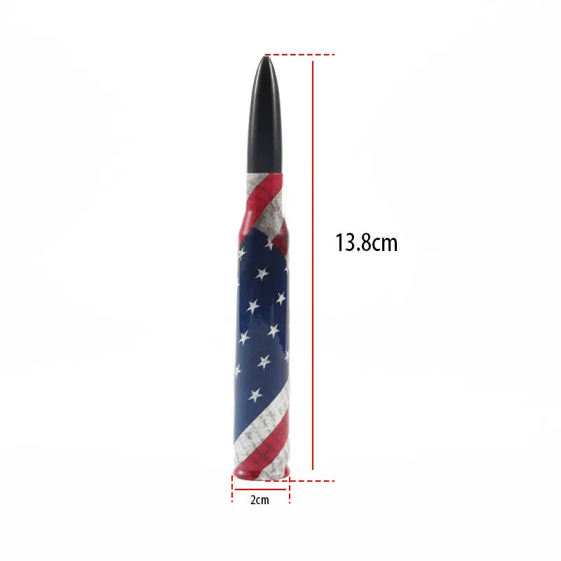 14cm long bullet car antenna shown in colour black, camouflage green, and American flag designs.