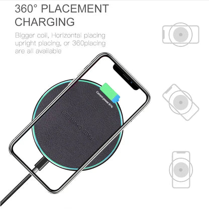 Black Quick Qi Wireless Charger for iPhone 11 showing 10 cm circular charging pad