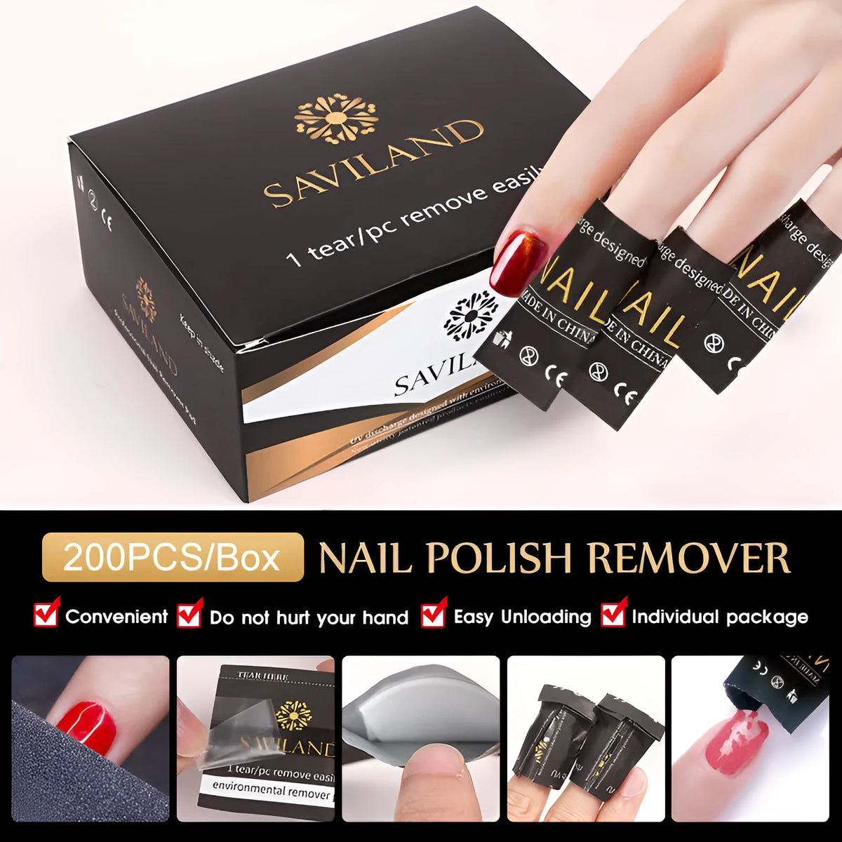 Black nail polish remover wraps box of 200 with self-contained cotton for gel and extension glue removal