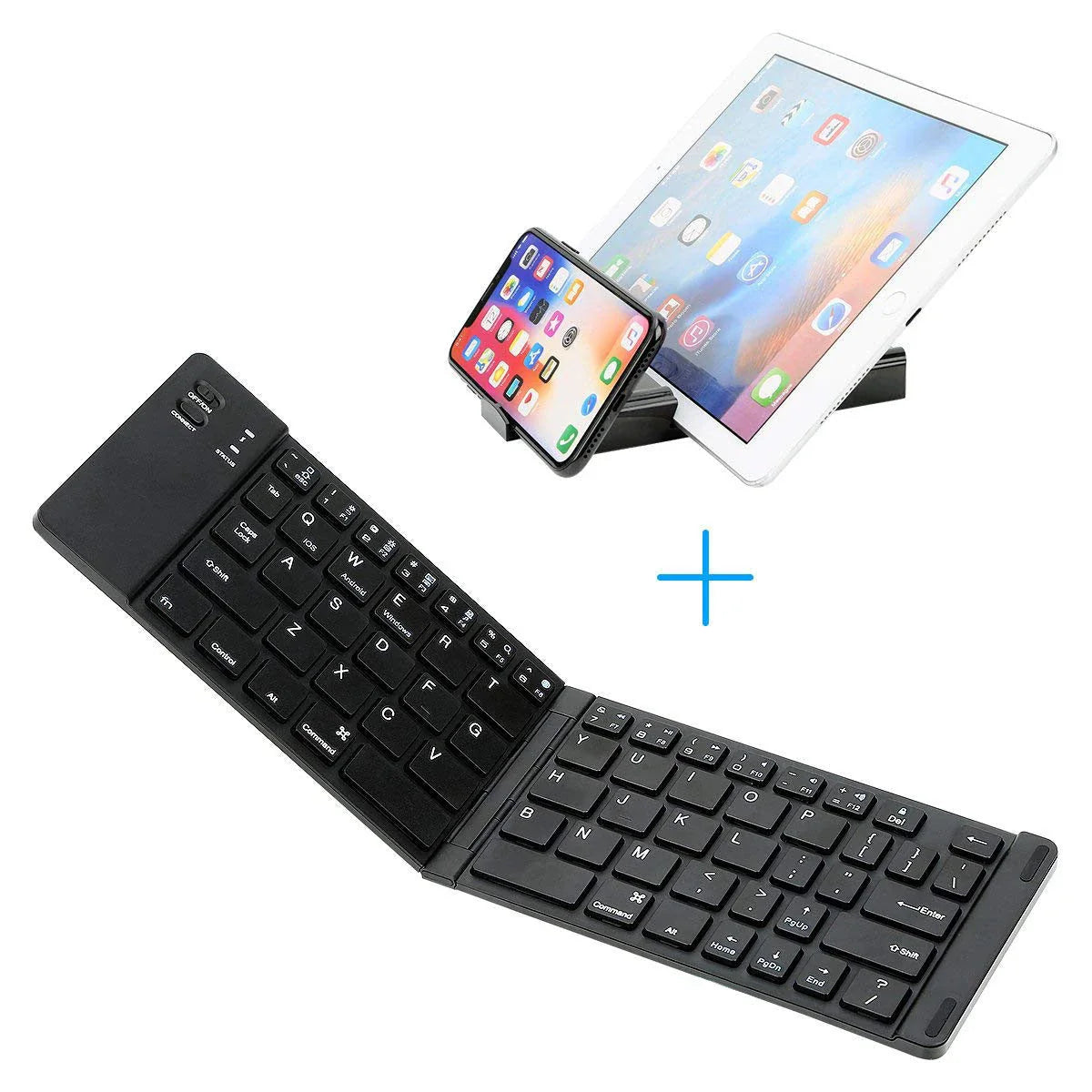 Compact, foldable Bluetooth wireless keyboard with a sleek, minimalist design for use with UK mobile devices
