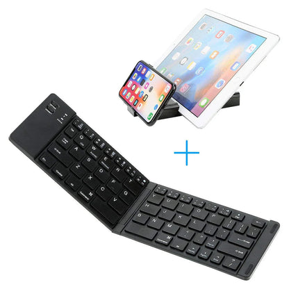 Compact, foldable Bluetooth wireless keyboard with a sleek, minimalist design for use with UK mobile devices