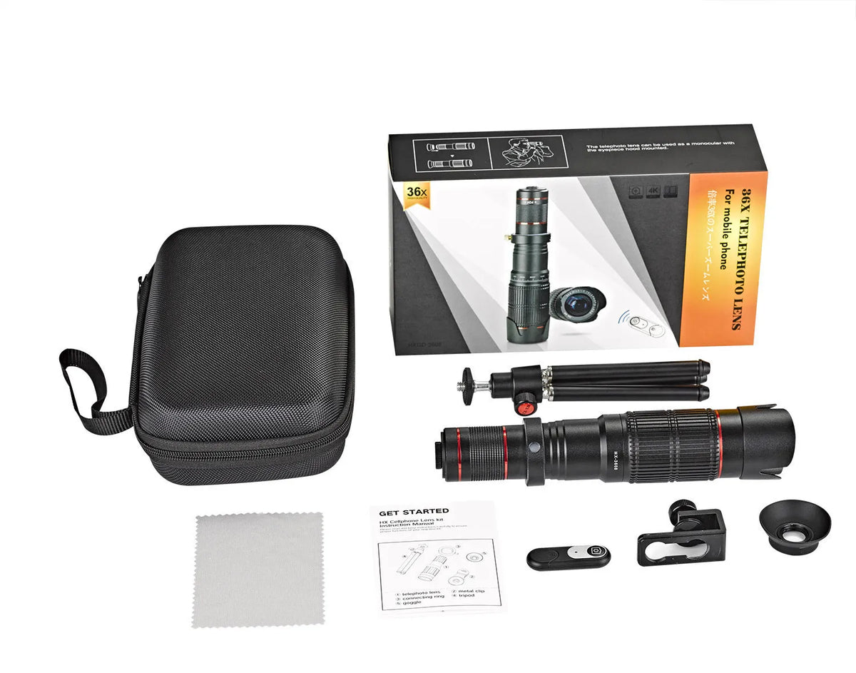 Black 36x telephoto mobile phone telescope with adjustable universal smartphone mount in compact case