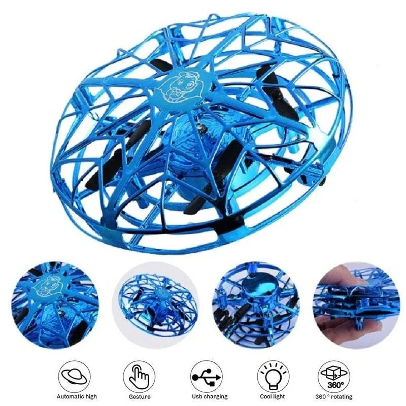 Futuristic mini drone helicopter with UFO-inspired design, automatic obstacle detection, and intuitive controls