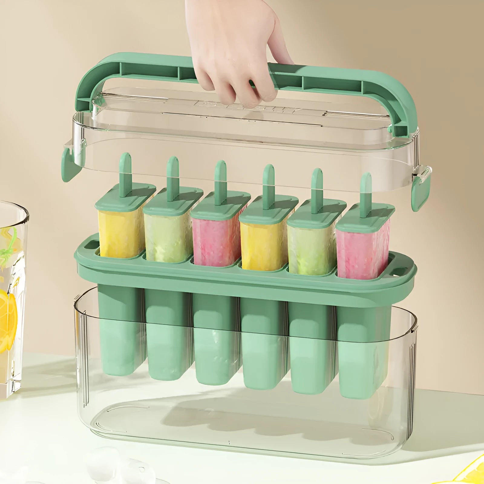 Green or beige portable popsicle mould for making homemade ice cream measuring 23.4 x 7.7 x 12 cm