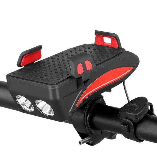 Multifunctional bike mount with horn, lights, and adjustable phone holder for secure storage and charging on the go