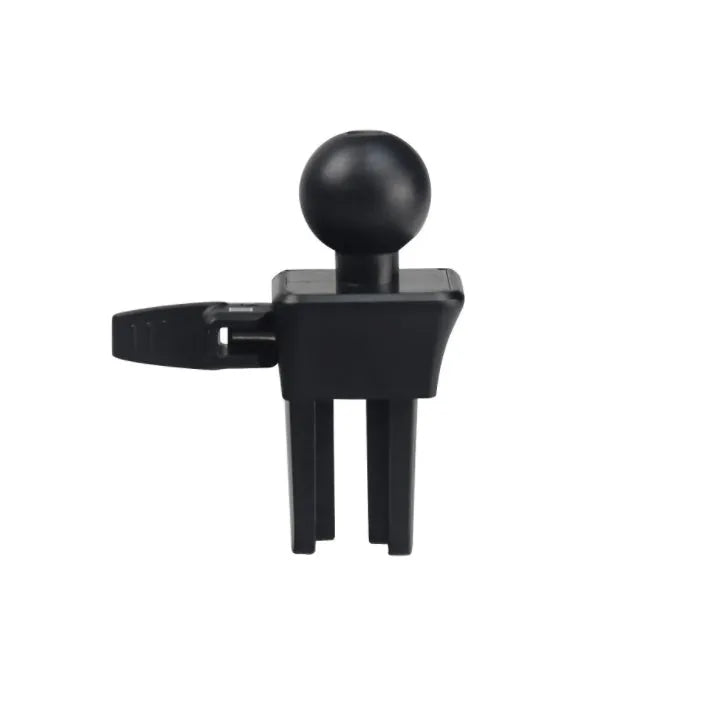Black universal car air vent mobile phone holder attached to a vehicle vent, showing adjustable arms and 360-degree rotation.
