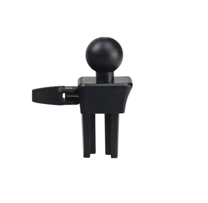 Black universal car air vent mobile phone holder attached to a vehicle vent, showing adjustable arms and 360-degree rotation.