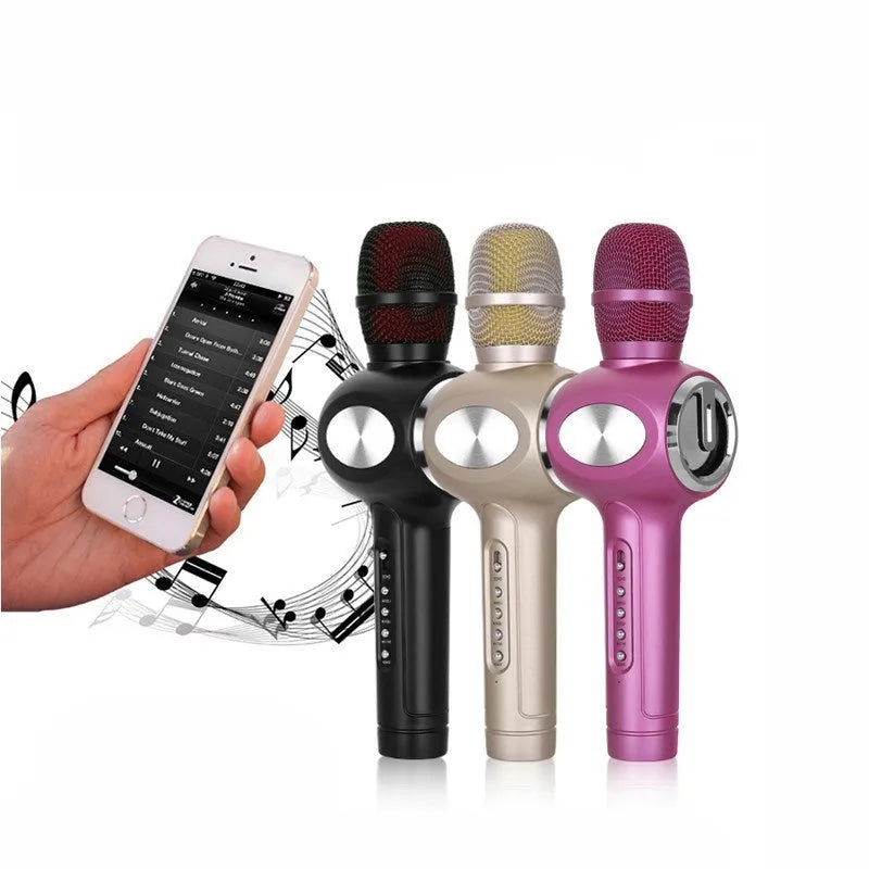 Yaerjia E108 mobile microphone wireless karaoke microphone with 5W*2 speaker output and 2000mAh rechargeable battery for phone singing, featuring capacitive pickup and echo sound effects in black, gold, or pink colour options