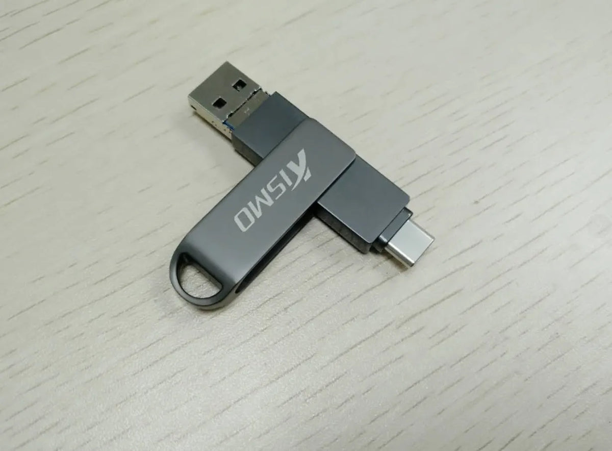 Metal dual-use USB flash drive for Apple and Android with USB 3.0, shown in Black, Gold, Pink, and Silver.