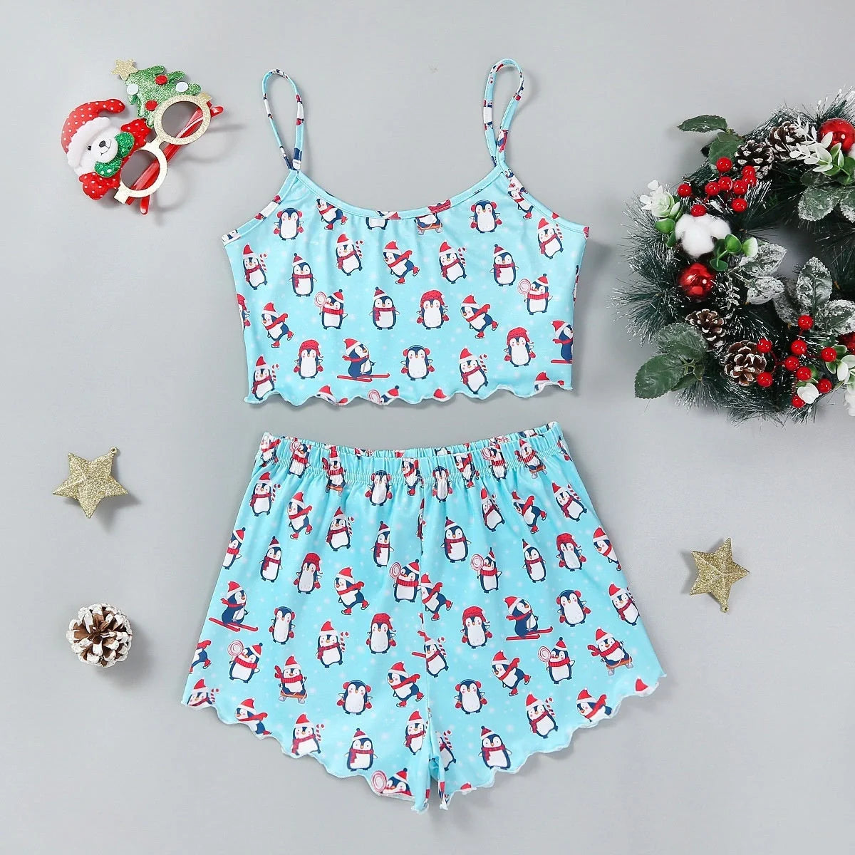 Christmas women's milk silk pajamas two-piece set with festive designs