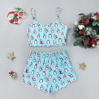 Christmas women's milk silk pajamas two-piece set with festive designs
