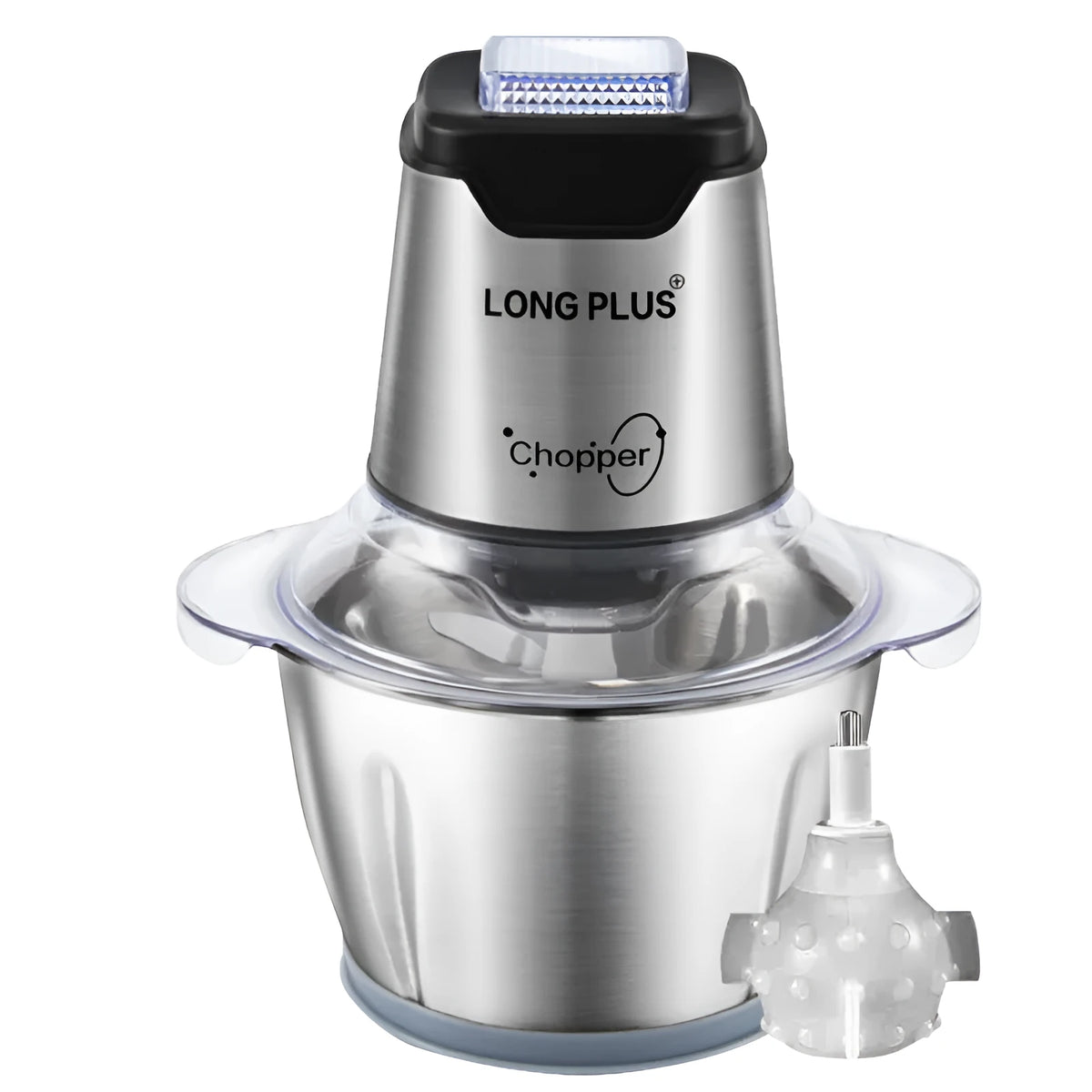 White electric garlic peeler appliance with stainless steel bowl and clear plastic lid on a kitchen counter.