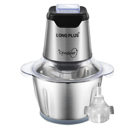 White electric garlic peeler appliance with stainless steel bowl and clear plastic lid on a kitchen counter.