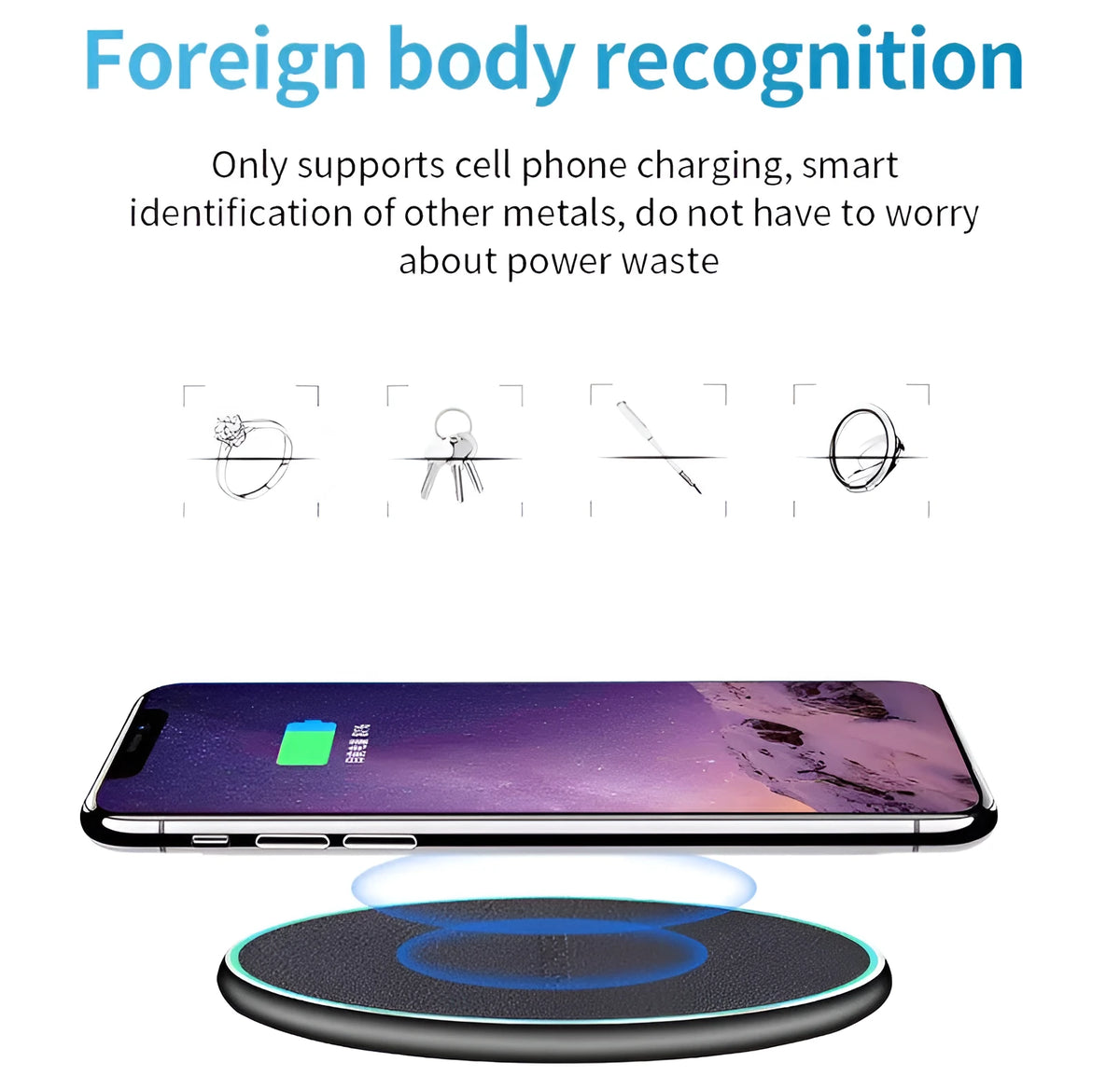 Black Quick Qi Wireless Charger for iPhone 11 showing 10 cm circular charging pad