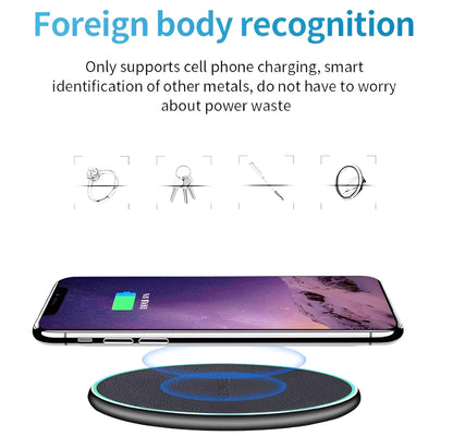 Black Quick Qi Wireless Charger for iPhone 11 showing 10 cm circular charging pad
