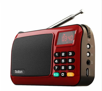 Rolton W405 portable FM radio MP3 speaker in gold, blue, or red with LED screen and carrying strap