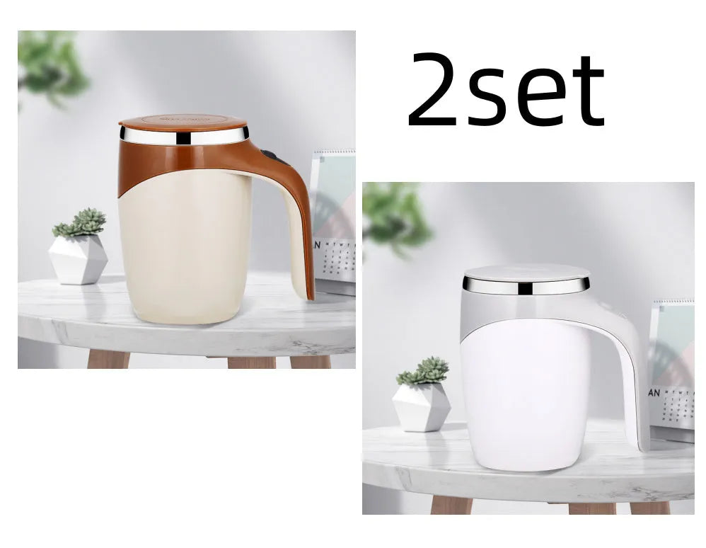 White automatic stirring coffee cup with magnetic mixing technology and modern design