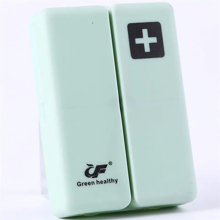 Blue foldable pill box with seven compartments and magnetic closure showing open and closed positions