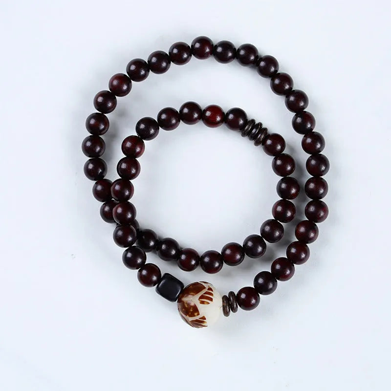 Natural rosewood bracelet with double ring and single circle bead designs in retro style