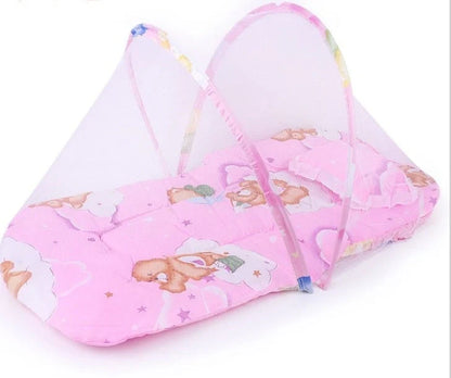 Portable foldable baby mosquito net tent in navy blue and soft pink with sleeping cushion