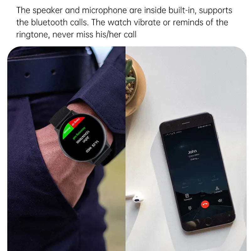 Black smart bracelet with a zinc alloy case and a 1.3-inch touch screen displaying heart rate data.