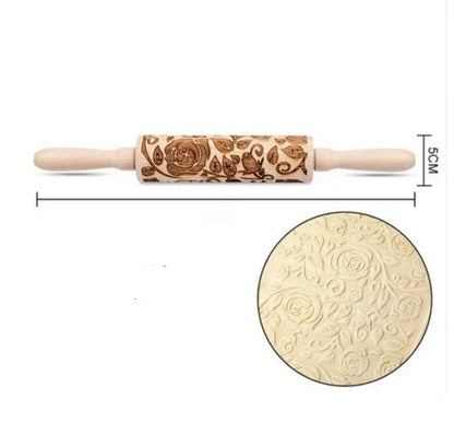 Festive rolling pin with embossed Christmas designs for easy imprinting on dough