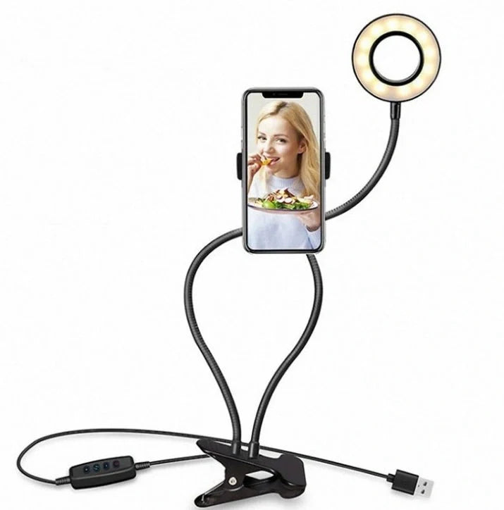 Adjustable LED Selfie Ring Light with universal phone holder and USB power
