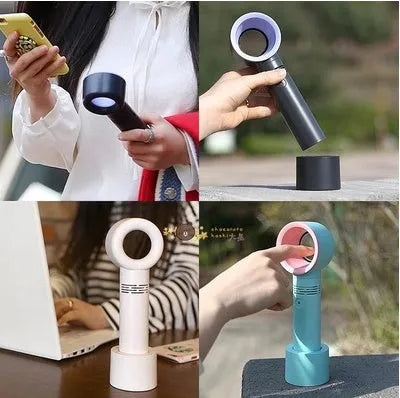 Portable bladeless fan with USB cable and base, showing compact design and bladeless airflow