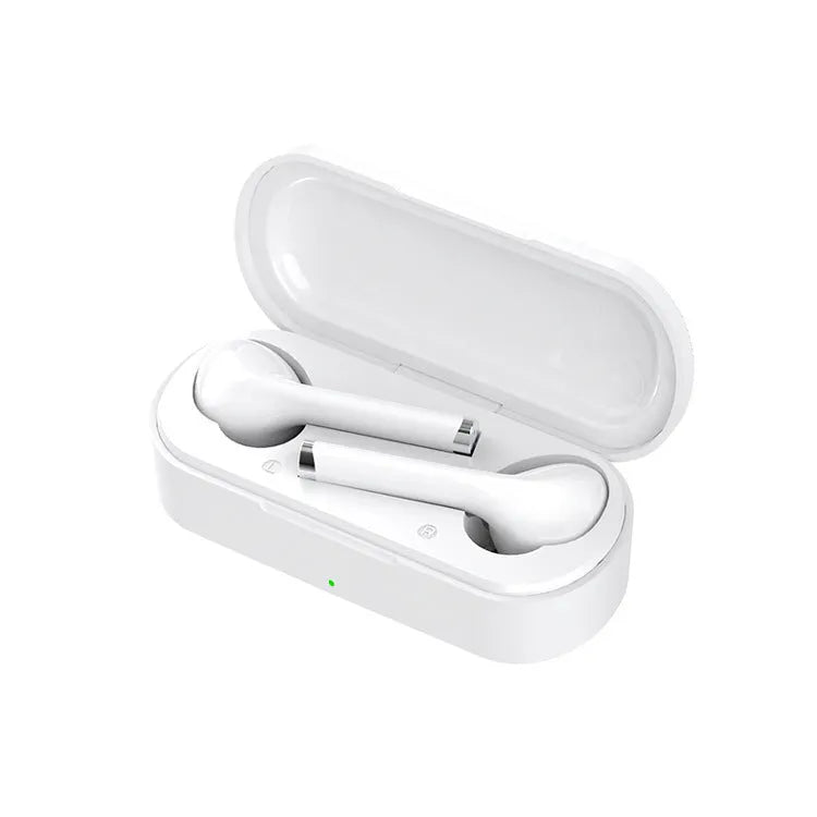 Black and white true wireless Bluetooth headphones with USB charging dock