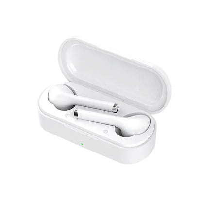 Black and white true wireless Bluetooth headphones with USB charging dock