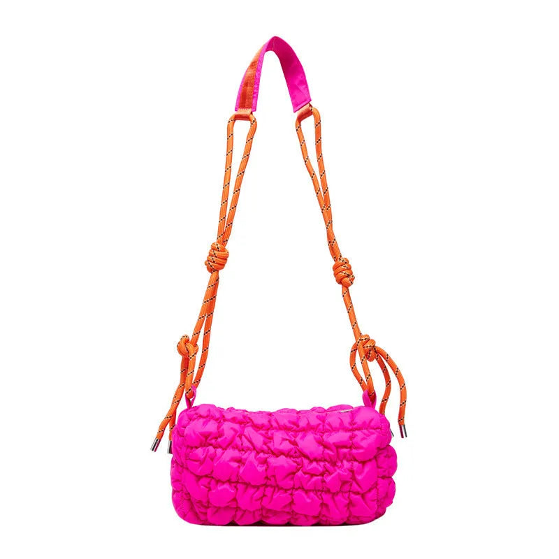 Women's lightweight nylon messenger bag in pillow shape with rhombus pattern and crossbody strap
