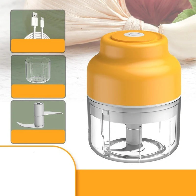Compact USB rechargeable electric garlic masher in green, pink, and yellow