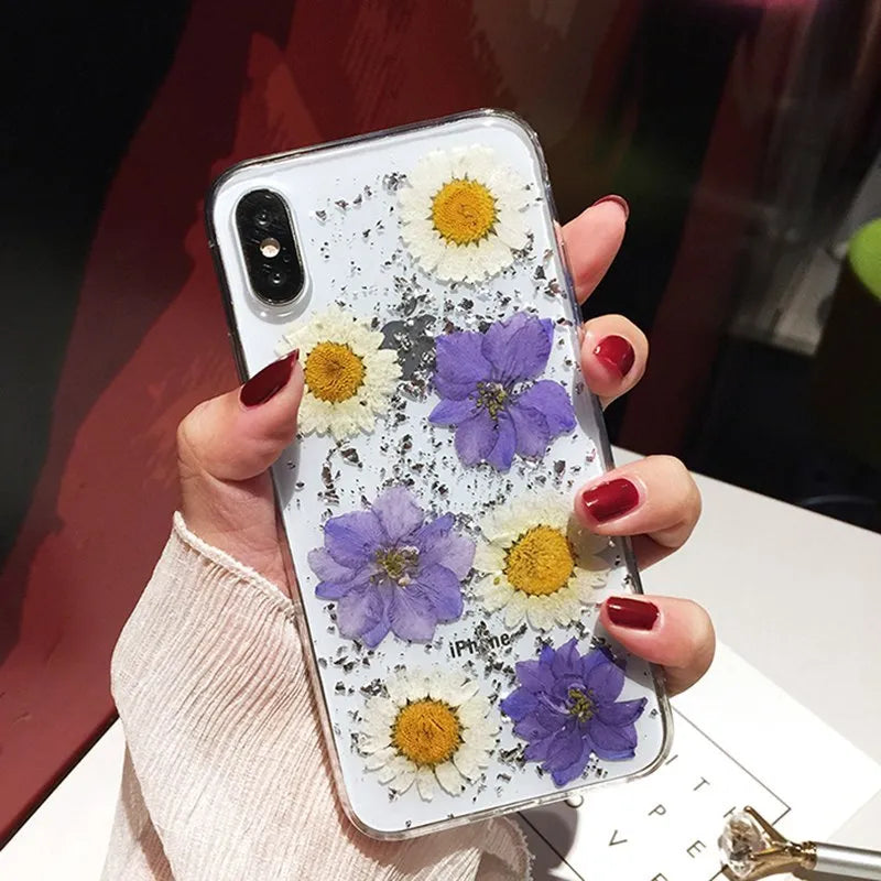 Handmade clear TPU iPhone case with preserved dried flowers in epoxy resin, flower pink colour