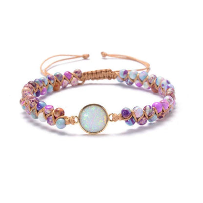 Stylish stone-wrapped bracelets featuring genuine amethyst and opal accents in a braided design