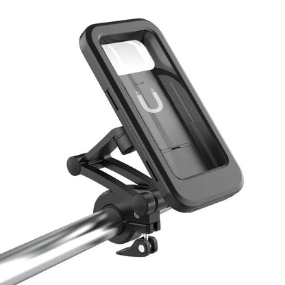 Black adjustable waterproof bicycle handlebar mount holding a mobile phone.