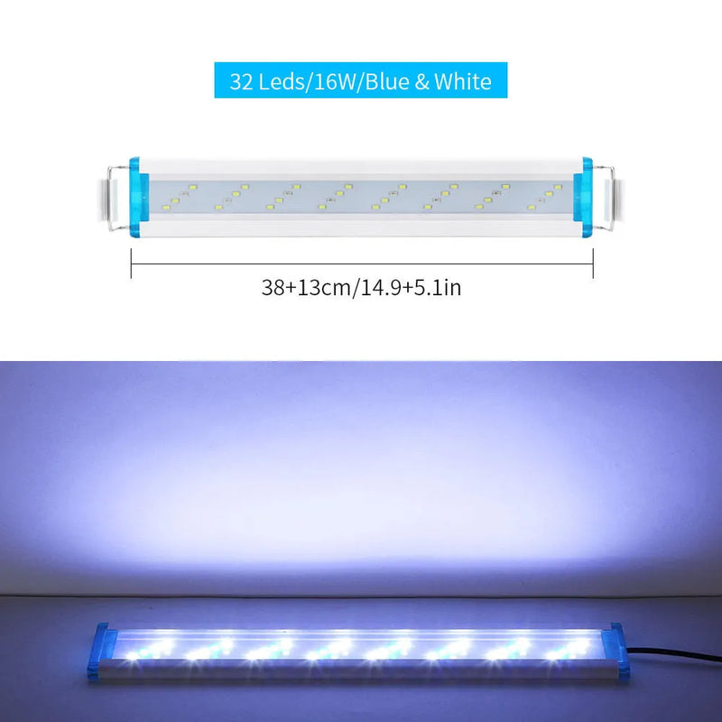 Aquarium lighting LED strip fixture with ultra-thin PVC housing and adjustable length options from 18cm to 58cm for fish tank illumination and supporting freshwater aquatic plant growth in blue or white light modes