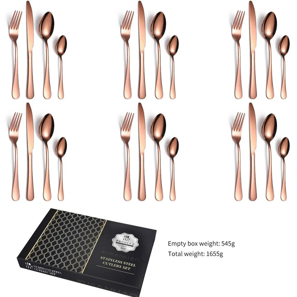24-piece 18/10 stainless steel cutlery set in silver finish with knives, forks, spoons for six, optional wood box storage